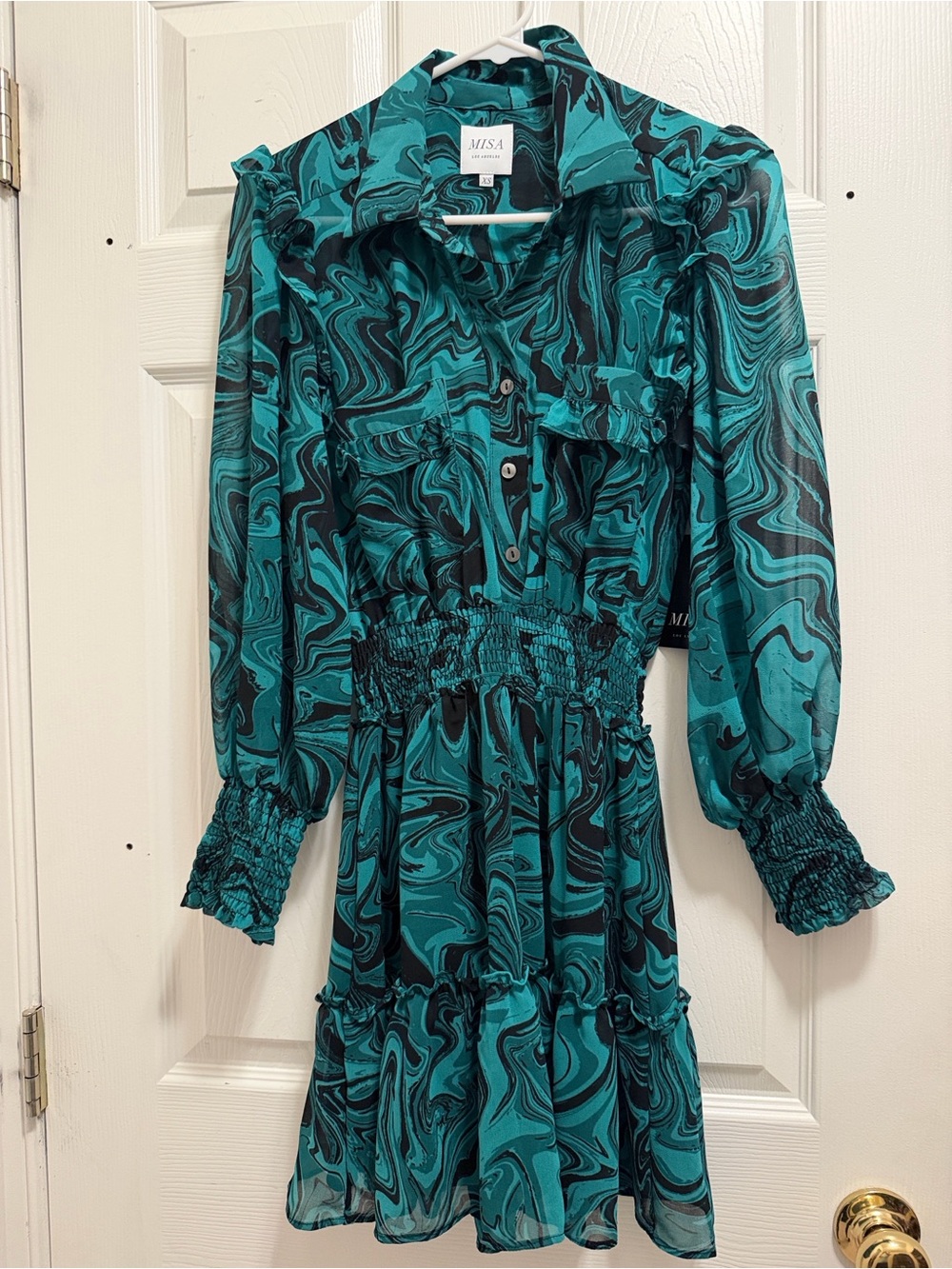 MISA Los Angeles Green/Black Marble-Print Ruffle Mini Dress NWT